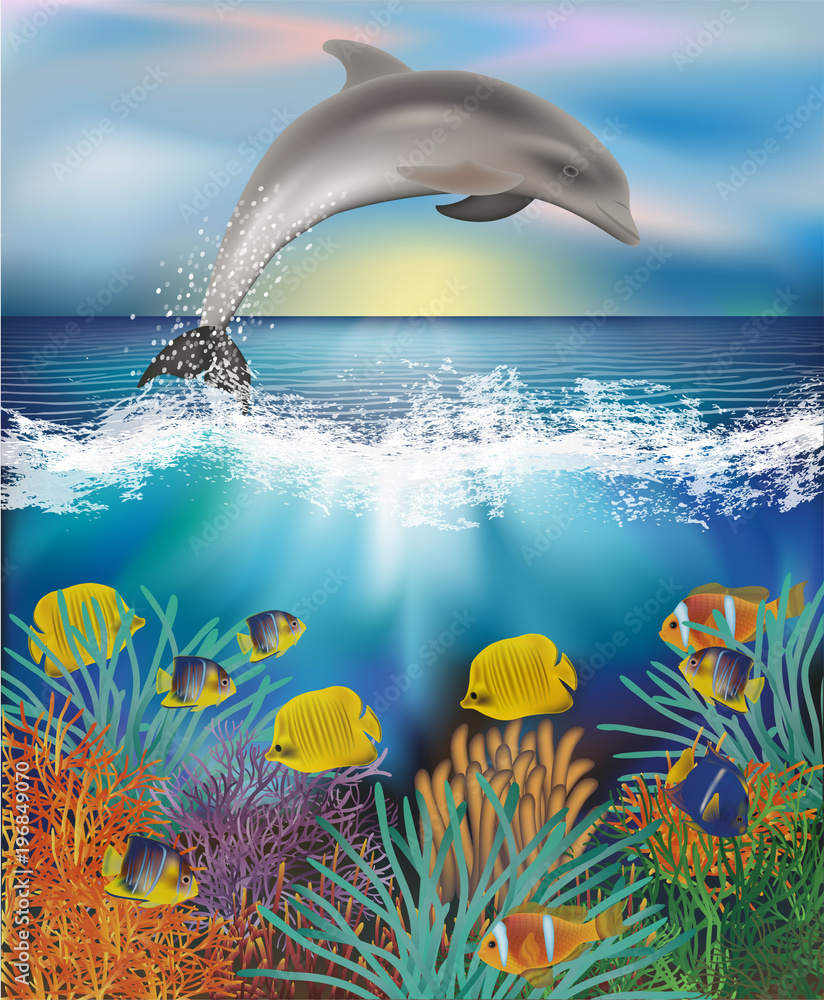 Underwater wallpaper with Dolphin and Tropical fish, vector ...