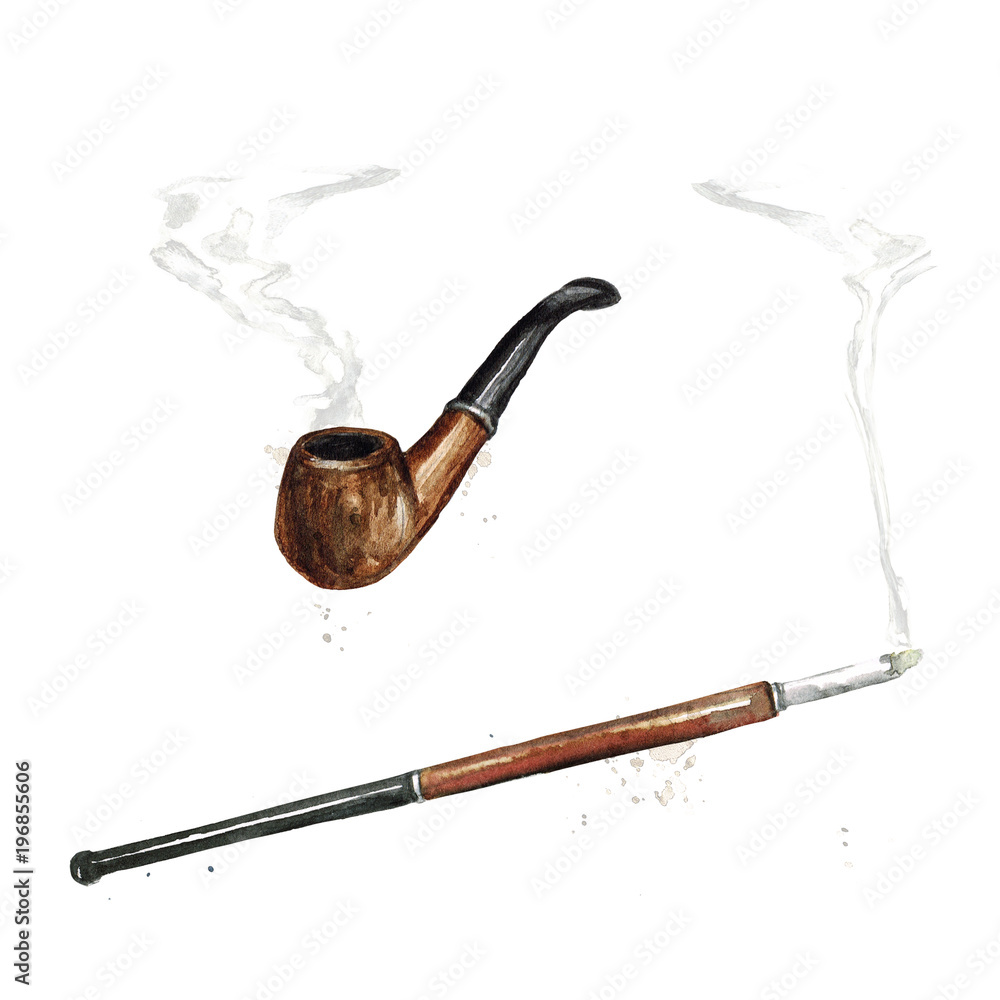 Smoking Pipe and a Cigarette Holder. Watercolor Illustration. Stock  Illustration
