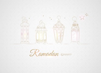 Wall Mural - Hand Drawn Illusration of Golden Ramadan Lanterns with Lights on White Background. Vector Illustration