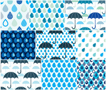 Falling Rain Drops And Umbrellas Water Vector Seamless Patterns Set, Weather And Nature Theme Blue Colored Repeat Endless Backgrounds Collection, Dew Water Dripping.