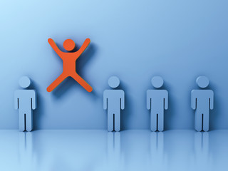Fototapete - Stand out from the crowd and different creative idea concept , One man jumping with arms wide open among other people on light blue pastel color background with reflections and shadows . 3D rendering.