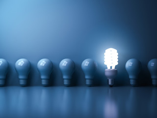 Fototapete - Eco energy saving light bulb , One glowing compact fluorescent lightbulb standing out from unlit incandescent bulbs reflection on blue background , individuality and different concept . 3D rendering.