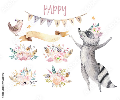 Obraz Dibond Cute jumping raccoon animal illustration for kids Watercolor boho forest cartoon Birthday patry Balloons invitation Perfect for nursery posters, patterns