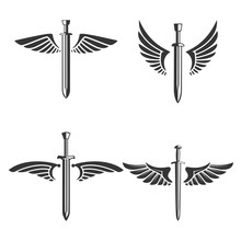 Set Of Emblems With Medieval Sword And Wings. Design Element For Logo, Label, Emblem, Sign.