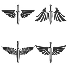 Set Of Emblems With Medieval Sword And Wings. Design Element For Logo, Label, Emblem, Sign.