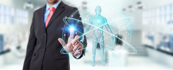 Poster - Businessman using digital x-ray human body scan interface 3D rendering