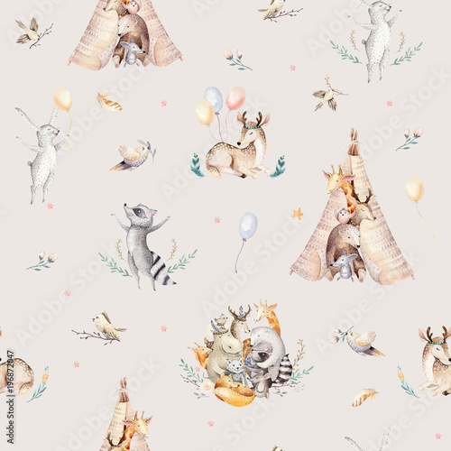 Fototapeta na szkło Cute family baby raccon, deer and bunny. animal nursery giraffe, and bear isolated illustration. Watercolor boho raccon drawing nursery seamless pattern. Kids background, nursery print