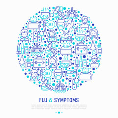 Wall Mural - Flu and symptoms concept in circle thin line icons: temperature, chills, heat, runny nose, bed rest, pills, doctor with stethoscope, nasal drops, cough, phlegm in the lungs. Vector illustration.