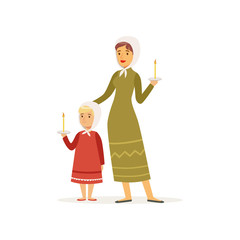 Sticker - Cartoon character of mother and her daughter in long dresses and headscarves. Woman and girl holding burning candles. Catholic religion. Flat vector design