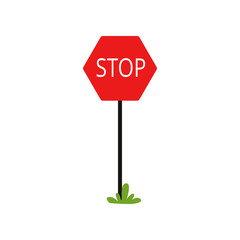 Cartoon icon of red traffic sign with word Stop . Motion without stopping is prohibited. Flat vector design for educational book or mobile app