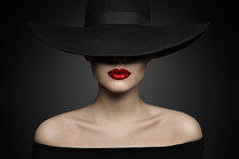 Woman Hat Lips And Shoulder, Elegant Fashion Model In Black Wide Broad Brim Hat, Retro Lady Beauty Portrait