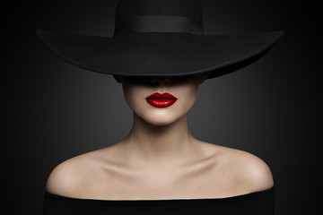 woman hat lips and shoulder, elegant fashion model in black wide broad brim hat, retro lady beauty p