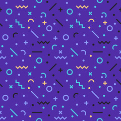 Wall Mural - Abstract, seamless, geometric pattern, Memphis style. Retro hipsters design in 80s or 90s style. Ready for print on fabric, paper, website backdrop, Flat vector illustration.