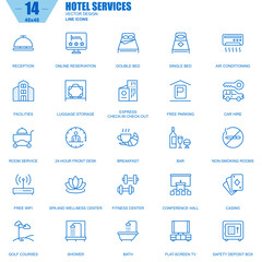 Poster - Thin line hotel services and facilities, online booking icons set for website and mobile site apps. Contains such Icons as Reception, Bar. 48x48 Pixel Perfect. Editable Stroke. Vector illustration.