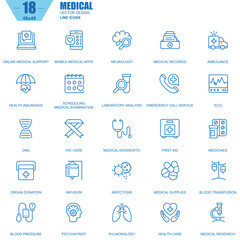 Poster - Thin line healthcare and medicine, medical equipment icons set for website and mobile site and apps. Contains such Icons as DNA, Ambulance. 48x48 Pixel Perfect. Editable Stroke. Vector illustration.