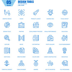 Poster - Thin line design tools, art and media icons set for website and mobile site and apps. Contains such Icons as Innovation, Vision, Painting. 48x48 Pixel Perfect. Editable Stroke. Vector illustration.