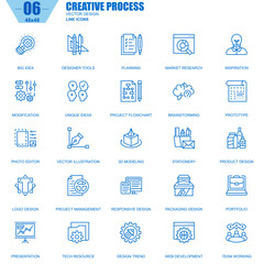 Poster - Thin line creative process and project workflow icons set for website and mobile site and apps. Contains such Icons as Inspiration, Big Idea. 48x48 Pixel Perfect. Editable Stroke. Vector illustration.