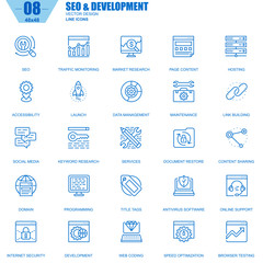 Aufkleber - Thin line seo and development icons set for website and mobile site and apps. Contains such Icons as Hosting, Market Research, Programming. 48x48 Pixel Perfect. Editable Stroke. Vector illustration.