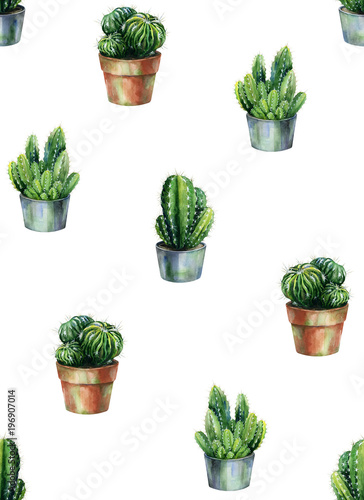 Seamless pattern with cacti watercolor. Cactus illustration can be used as pr...