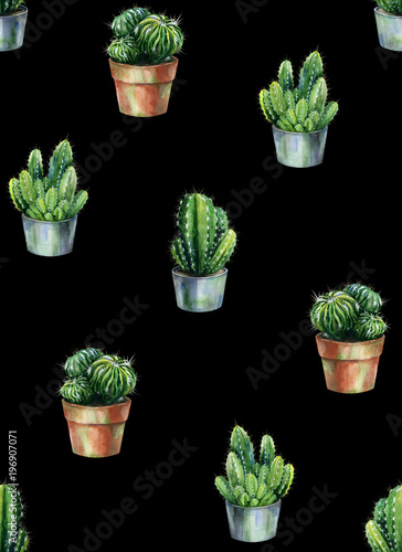 Seamless pattern with cacti watercolor. Cactus illustration can be used as pr...