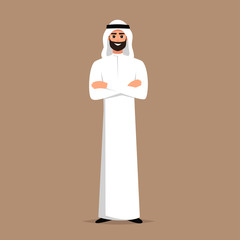 Wall Mural - Successful Arab man in white clothes crossed arms on chest. vector cartoon smiling Islamic businessman dressed in traditional clothes. 