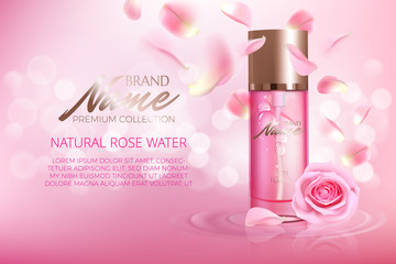 Advertising poster for cosmetic product with rose for catalog, magazine. Vector design of cosmetic package. Perfume advertising poster.Moisturizing toner, cream, gel, body lotion with rose extract .