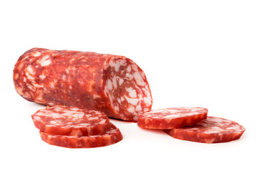 Wall Mural - Sliced salami sausage on a white