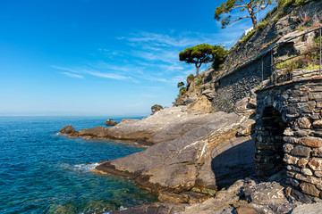 Wall Mural - Rocks and Mediterranean sea in Recco, Italy.