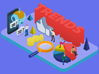 Wall Mural - trends in social networks. marketing strategy and analytics. flat 3d isometric banner. chatbot, vide