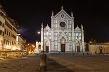 View Of The Basilica Di Santa Croce By Night In Florence. There Is The Tomb Of Gallileo In The Church.