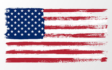 Waving Flag United States Of America. Illustration Wavy American Flag For Independence Day Brush Stroke Background