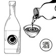 Sake in stoneware are pour into stone cup. Hand drawn. Bottle of sake isolated on white background. Translation hieroglyph: sake. Vector illustration