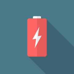 Wall Mural - Battery icon with long shadow. Flat design style. Battery simple silhouette. Modern, minimalist icon in stylish colors. Web site page and mobile app design vector element.