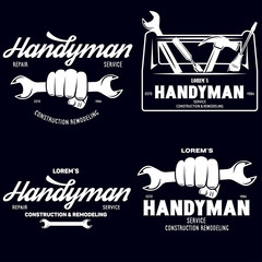 Handyman labels badges emblems and design elements. Tools silhouettes. Carpentry related vector vintage illustration.