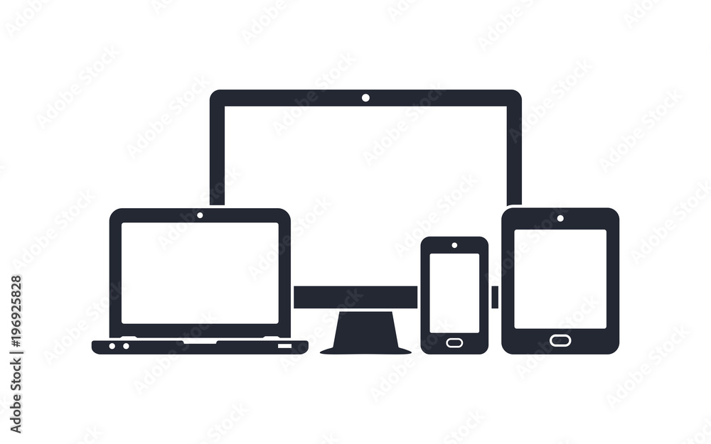 Device icons - desktop computer, laptop, smartphone and tablet - obrazy, fototapety, plakaty 