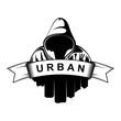 Logo design. Hooded man. City Silhouette. Urban. Street art. Vector Ilustration. 