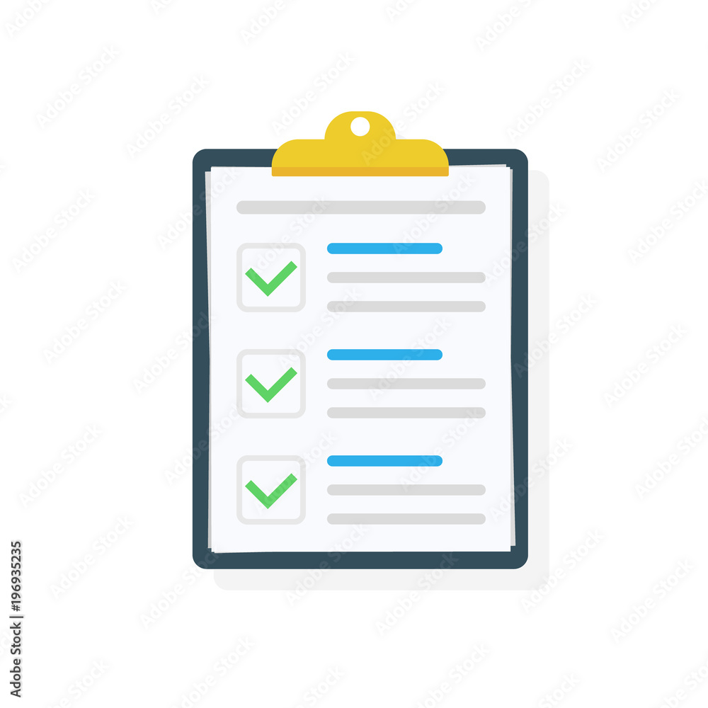 Clipboard with checklist icon. Checklist complete tasks, to-do list, survey, exam concepts. Best quality. Flat illustration of clipboard with checklist icon for web. Vector. - obrazy, fototapety, plakaty 