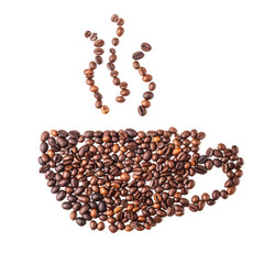 Coffee cup image made up of coffee beans on a white background