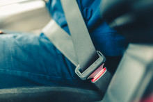 Fastened Seat Belt Of The Vehicle. Close The Car Seat Belt, Sitting Inside The Vehicle Before Driving And Have A Safe Journey. Toned Photo