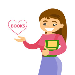 Poster - Young caucasian white female student holding a book and pointing at heart shape with text books. Woman likes read book. Vector cartoon illustration isolated on white background. Square layout.