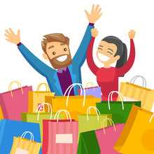 Young Caucasian White Couple Sitting Among Colorful Shopping Bags. Woman And Man Having Fun While Doing Shopping Together. Vector Cartoon Illustration Isolated On White Background. Square Layout.