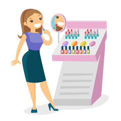 Canvas Print - Young caucasian white woman buying lipstick in a beauty store. Woman testing and choosing lipstick at cosmetics shop. Vector cartoon illustration isolated on white background. Square layout.