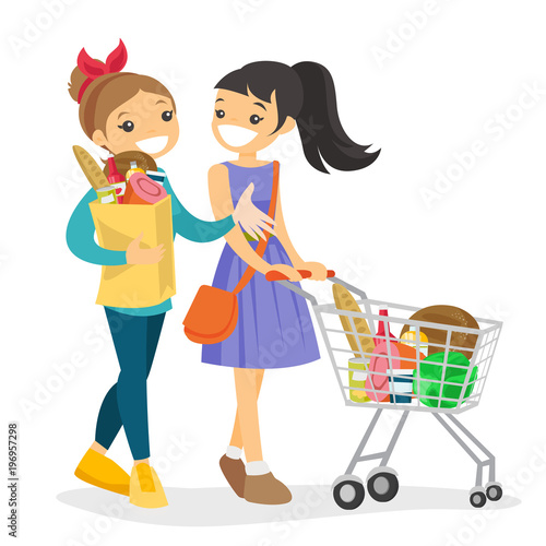 Two Young Caucasian White Women Doing Shopping At The Grocery Shop Friends Walking With Shopping Cart And Bag With Food Vector Cartoon Illustration Isolated On White Background Square Layout Kaufen Sie