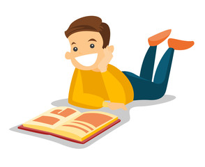 Sticker - Young caucasian white college student lying on the floor and reading a book. Male student preparing for exam with a book. Concept of education. Vector cartoon illustration isolated on white background