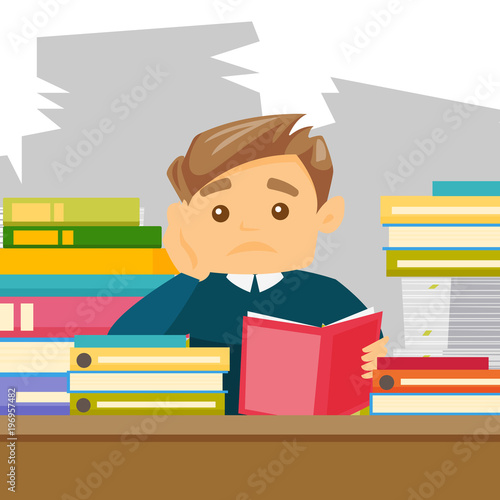 Caucasian White Bored University Student Studying Hard Before The Exams In The Library Sad Teacher Feeling Stress From The Checking Of Test Of Student Vector Cartoon Illustration Square Layout Buy This