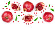 pomegranate with leaves isolated on white background with copy space for your text. Top view. Flat lay pattern