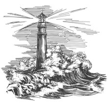 Lighthouse Lighthouse In The Dark And Sea Landscape, Storm Hand Drawn Vector Illustration Realistic Sketch