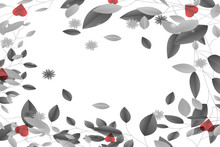 Abstract White Background With Black, White Leaves And Red Hearts Pattern,illustration.