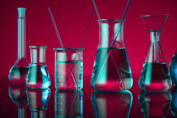 Laboratory glassware. Chemistry experiment. Science concept.