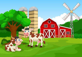 Wall Mural - funny caws with farm background